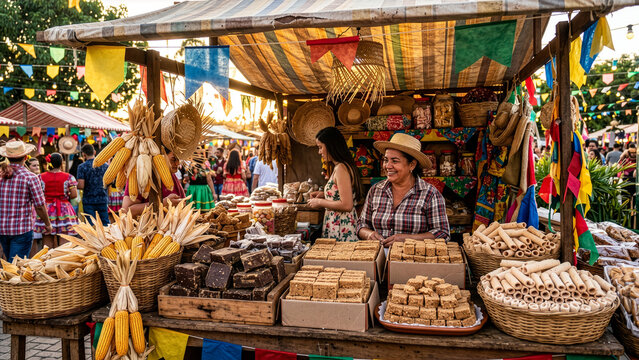 Brazilian Woman Vendor Selling Traditional Sweets and Corn at Colorful Festa Junina Food Stall