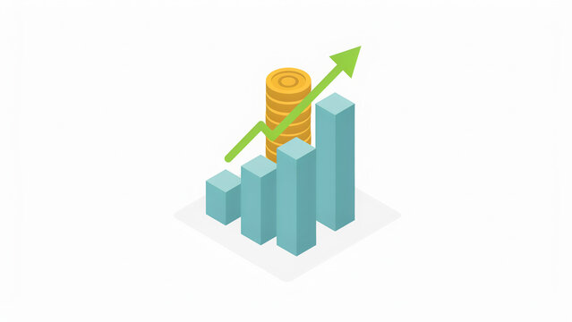 Isometric Business Growth Chart with Coins and Upward Arrow