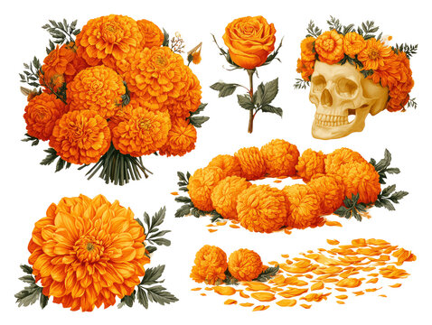 Dia de los Muertos Marigolds and Skull Illustration