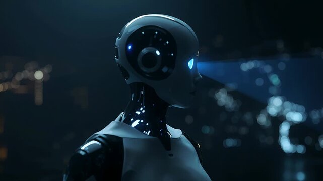 Booting humanoid android projecting blue beams scanning dim interior to map area, white plating
