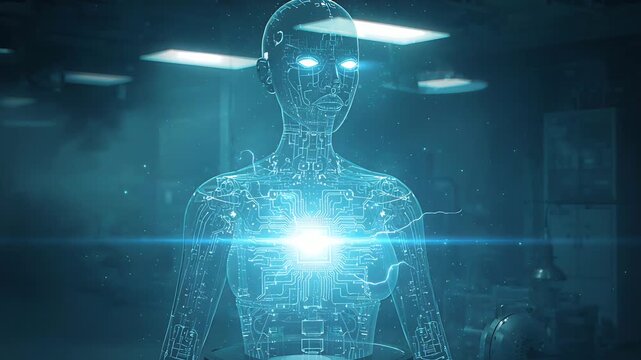 Booting holographic torso, central chest chip lighting in dim lab, pulsing circuitry for startup