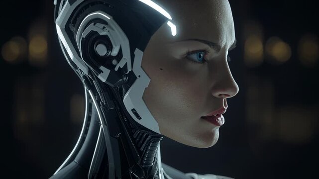 Initiating scan female android rotating head right at lab, revealing lit ear modules and neck