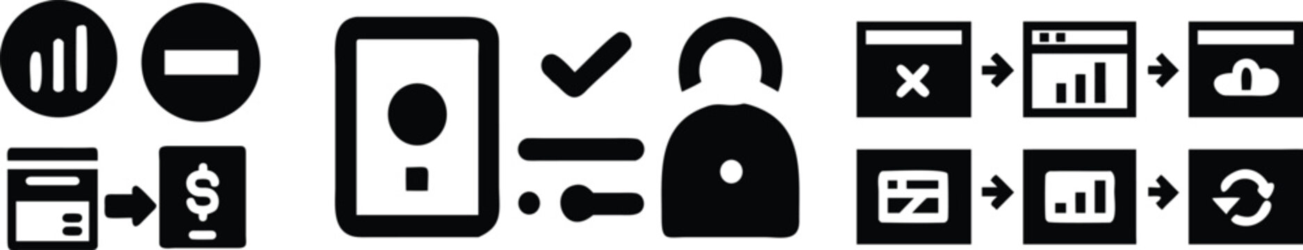 A set of black silhouette illustrating data processing, financial reports, user profile security, and digital workflow management steps
