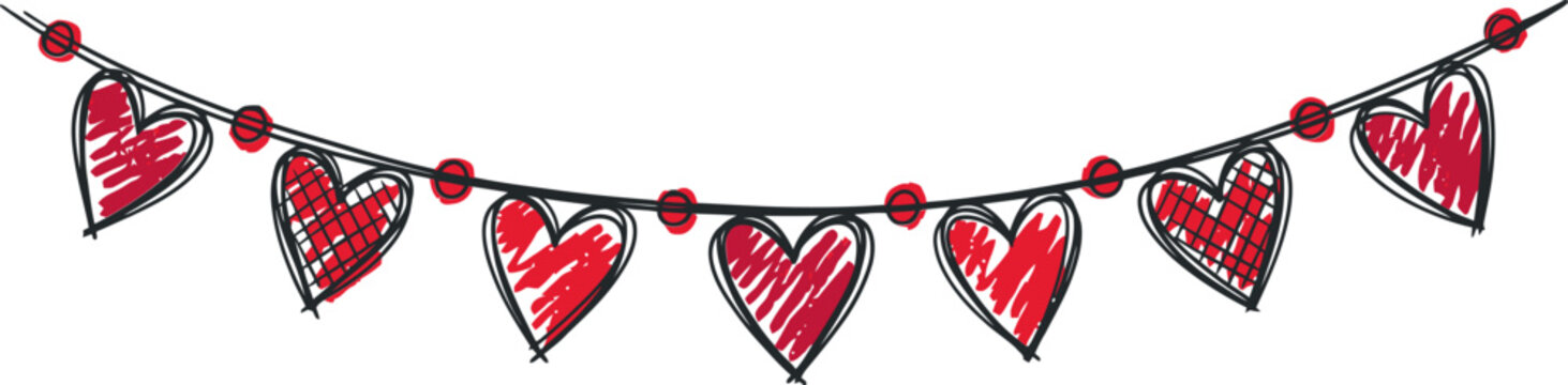 Hand-drawn heart bunting garland vector, red scribble heart banner on string, romantic party decoration for Valentine's Day and weddings