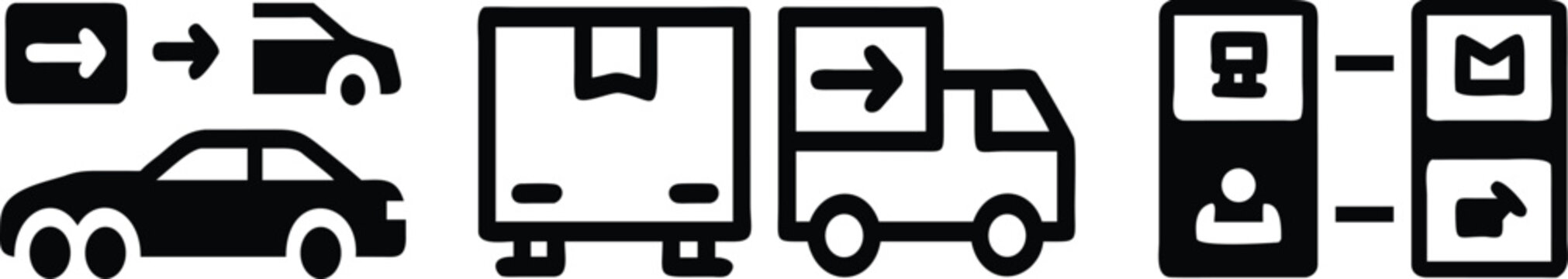 A set of black silhouette representing automotive navigation, delivery logistics, cargo trucks, and digital communication messaging systems