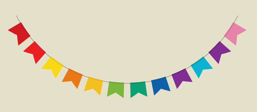 Pastel multicolored triangle party flags hanging on minimalist cream backdrop