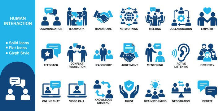 Human interaction and social skills glyph solid icon set. Vector illustration of realistic communication flat symbol, blue business teamwork template on white background.