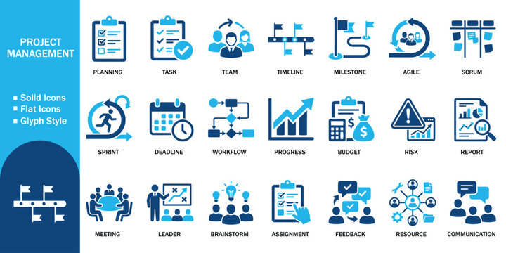 Project management and agile workflow glyph solid icon set. Vector illustration of realistic planning task flat symbol, blue corporate scrum timeline template on white background.