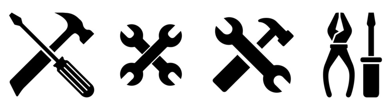 Tools and repair icons set with hammer wrench screwdriver pliers simple black silhouette PNG symbols for maintenance service and construction design on png background.