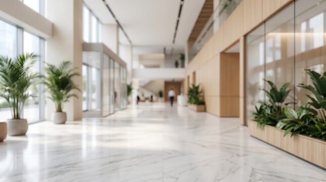 blurred wide angle interior of a modern corporate lobby, marble flooring, light oak wood paneling, lush indoor tropical plants, bright natural sunlight.