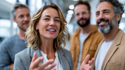 Obraz premium Photorealistic candid scene of three young professionals having an informal standing meeting in a bright modern office corridor, one woman presenting an idea with hand gestures whi