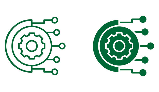 Gear with circuit technology icon set outline and solid style green PNG symbol for automation digital system and engineering design on png background