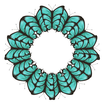 Elegant round butterfly frame with layered turquoise butterflies forming a decorative wreath. Raster illustration isolated on white, perfect for invitations, greeting cards, wedding stationery and pri