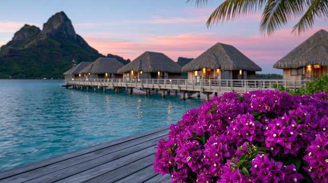 Ultra realistic 4K tropical sunset resort photography: vivid magenta bougainvillea cluster dominating lower right foreground against a pastel pink, lavender, and peach sky; calm tu