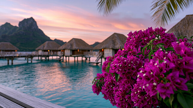 Ultra realistic 4K tropical sunset resort photography: vivid magenta bougainvillea cluster dominating lower right foreground against a pastel pink, lavender, and peach sky; calm tu