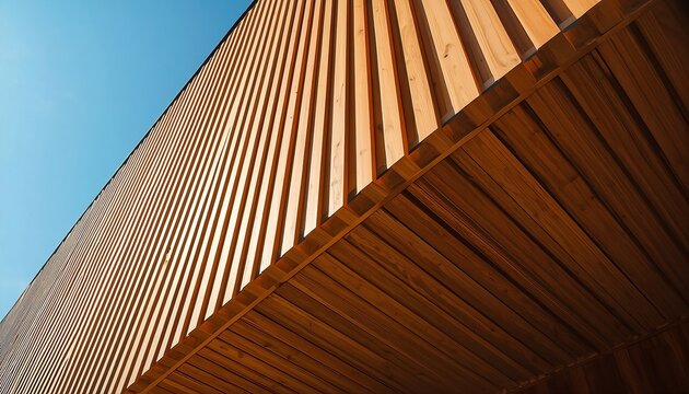 Modern architectural detail of building exterior facade with vertical and horizontal wooden slats against blue sky