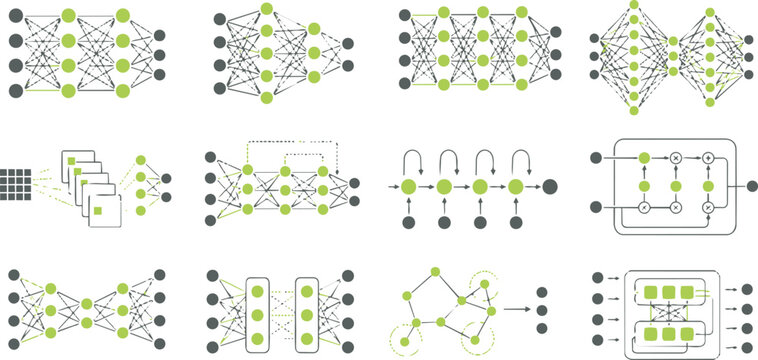 AI Deep Learning Neural Network Architectures Vector Illustration Set