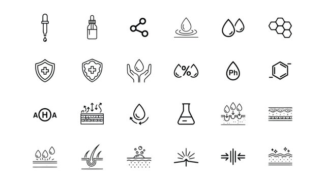 Set of line style icons for chemistry laboratory science and medical research with drop shapes and chemical symbols on white background