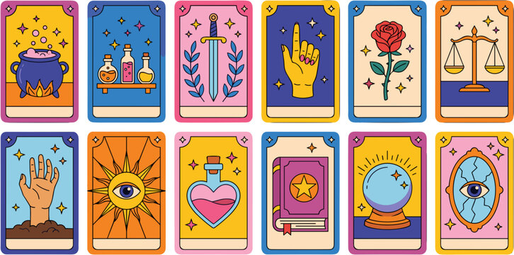 Colorful Tarot Card Set with Mystical Symbols and Esoteric Illustrations.