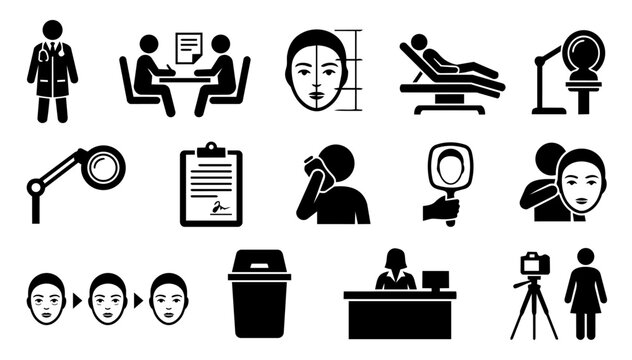 Medical Aesthetics Clinic and Patient Journey Silhouette Icon Set with Consultation and Treatment Process
