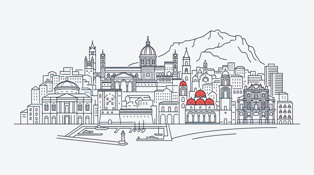 Palermo city skyline sketch, Italy, with mountain backdrop and iconic buildings.