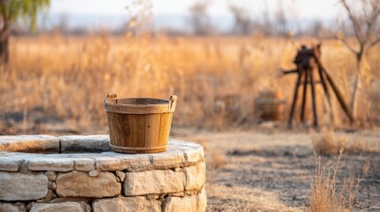 Naklejka premium Rustic wooden bucket on stone well in a dry field for rural lifestyle poster, drought awareness and background design
