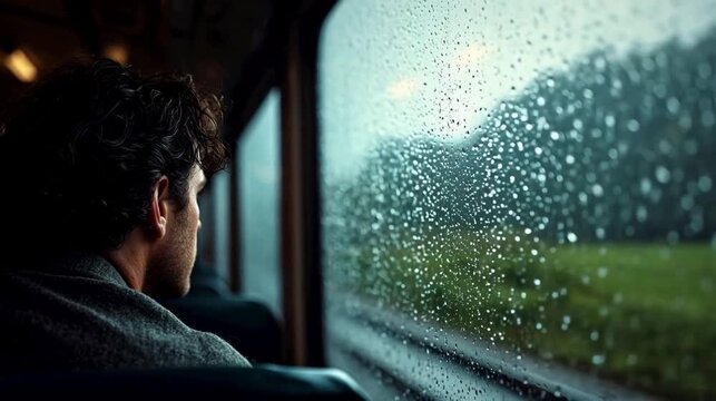 Man looking out rainy window at mountain view