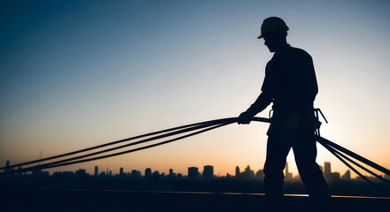 Fototapeta premium Construction worker silhouette against city skyline at sunset