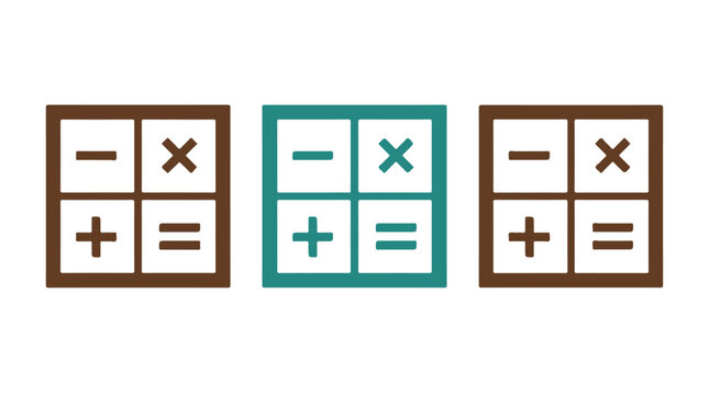 Three calculator‑style icons showing arithmetic symbols &mdash; minus, multiply, plus, and equals &mdash; in brown and teal minimalist design