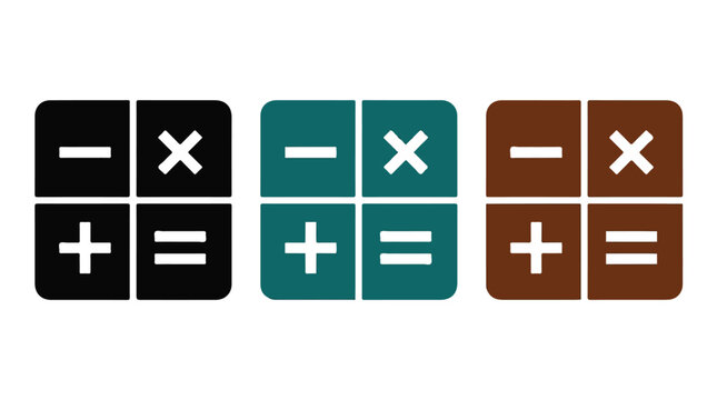 Three calculator‑style icons showing arithmetic symbols &mdash; minus, multiply, plus, and equals &mdash; in brown and teal minimalist design