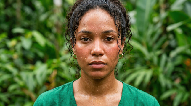 Close up portrait of a sweating woman in high humidity. Wet face and neck of female in hot tropical green environment