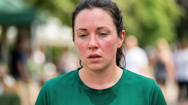 Woman showing symptoms of heat exhaustion with flushed red face. Sweaty and tired female in hot summer weather outdoors
