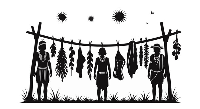 Black and white silhouette illustration of three indigenous tribal figures standing before a horizontal rack with drying meat, fish, and medicinal herbs under celestial sun symbols.