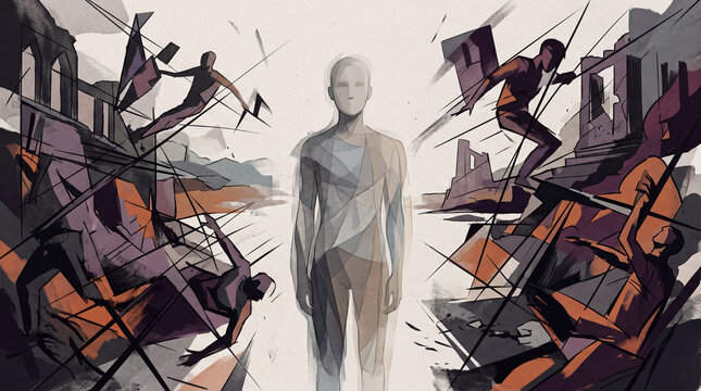 Abstract Illustration of Dissociative Emotional Desensitization showing a figure fading into a chaotic geometric environment, representing detachment and emotional numbness.