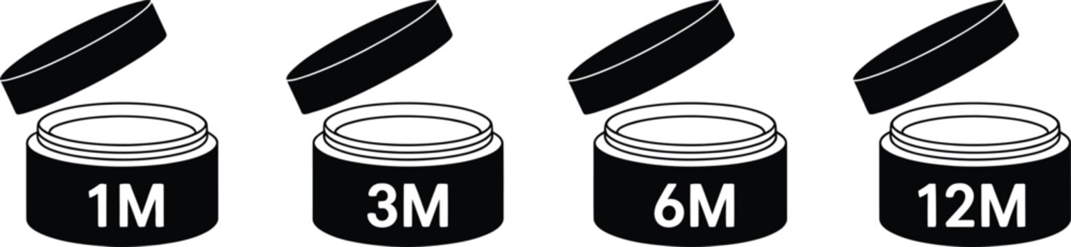 Open Cosmetic Jar PAO Indicator Icon Set with 1M, 3M, 6M, and 12M Expiration Symbols