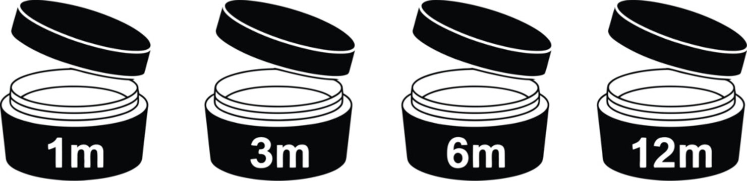 Open Cosmetic Jar PAO Indicator Icon Set with 1M, 3M, 6M, and 12M Expiration Symbols