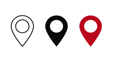 Three location pin icons in outline, black, and red styles symbolizing navigation, mapping, and geographic positioning concepts © Tarieq