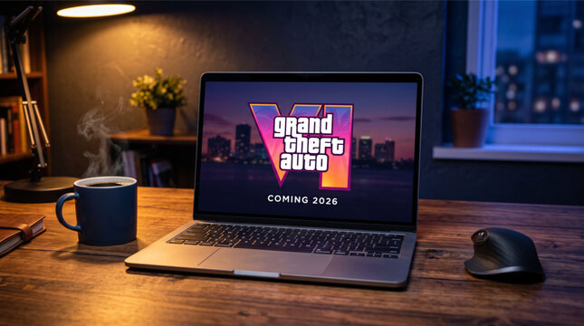 Grand Theft Auto VI (GTA 6) logo on a laptop screen on a wooden desk with a steaming coffee mug and computer mouse. New upcoming Rockstar game announcement coming 2026. Gaming workspace setup.