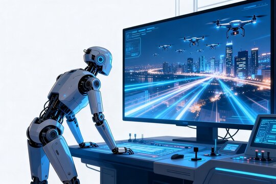 Robot operating control panel with cityscape display