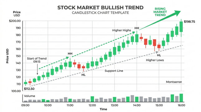 Stock market bullish trend candlestick chart template with rising market trend