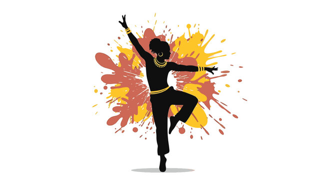 Silhouette of a female African dancer in dynamic pose with gold jewelry and bangles, set against vibrant orange and yellow paint splatters on white background, vector illustration.