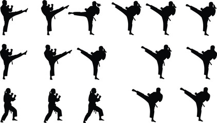 Karate, silhouette, collection, of, martial, arts, athletes, kicking, punching, training, fighter, poses, isolated, on, white, background, vector, graphic, set, design © SUMAIYA