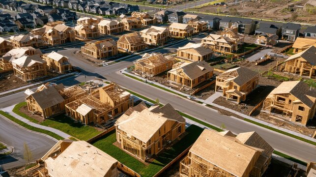 An elevated drone view looking down on a newly developing residential neighborhood with multiple wooden house frames and roofing in progress.