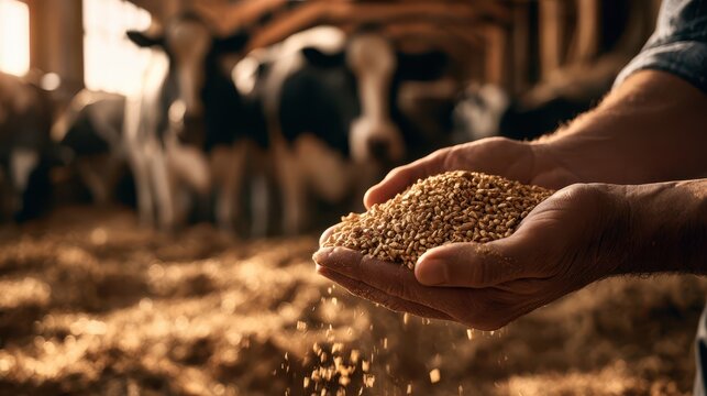 Farmer holding handful of compound cattle feed pellets in cowshed