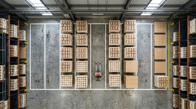 Warehouse with stacked boxes and a pallet jack in the center during regular business hours