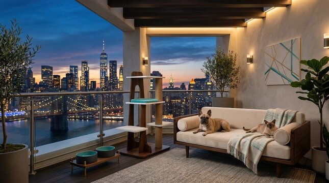 City skyline view from a modern apartment living room with dogs relaxing on the couch during sunset