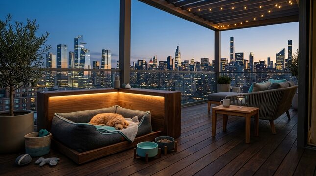 Cozy dog resting on balcony with city skyline in the background during evening
