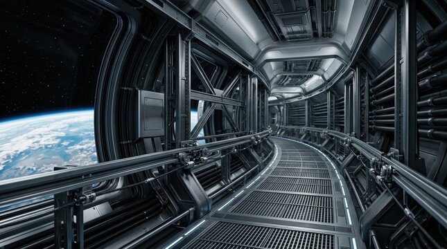 Pathway in a spaceship with a view of Earth in the background during a space journey
