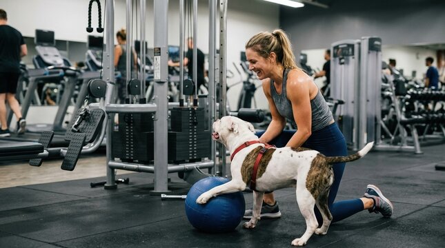 Person plays with a dog in a gym while others exercise in the background during a daytime workout session