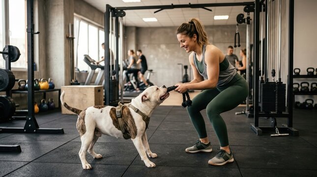 Person and dog play tug of war in gym while others work out nearby during midday